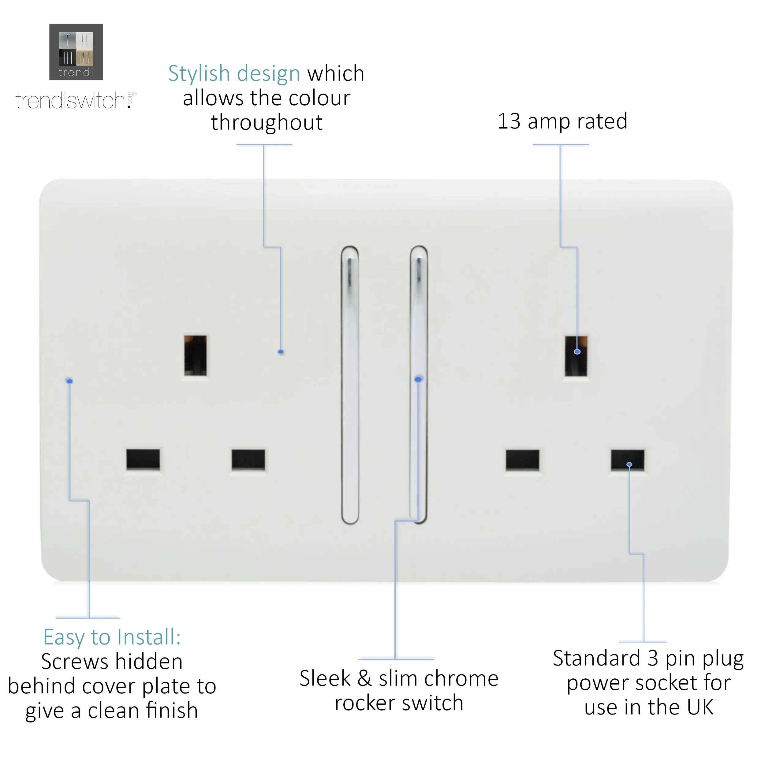2 Gang 13Amp Long Switched Double Socket Ice White ART-SKT213LWH  Trendi Ice White